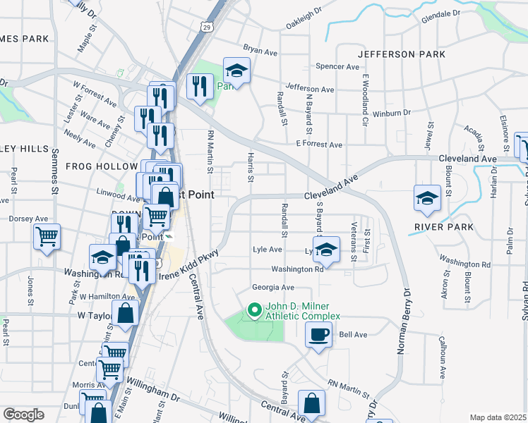 map of restaurants, bars, coffee shops, grocery stores, and more near 1413 Gus Thornhill in East Point