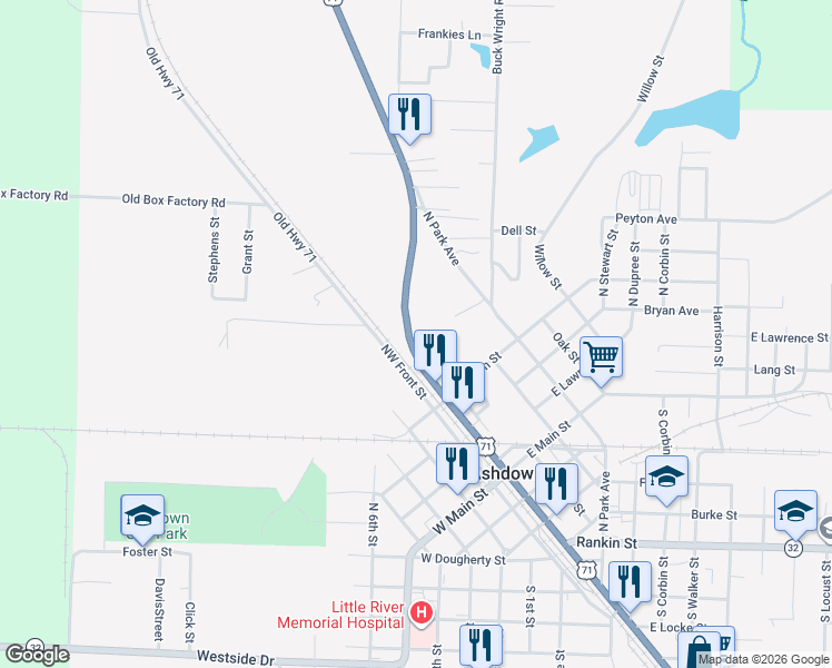 map of restaurants, bars, coffee shops, grocery stores, and more near in Ashdown