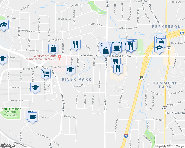map of restaurants, bars, coffee shops, grocery stores, and more near 2797 Harlan Drive in East Point