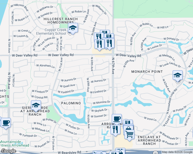 map of restaurants, bars, coffee shops, grocery stores, and more near 6819 West Aurora Drive in Glendale