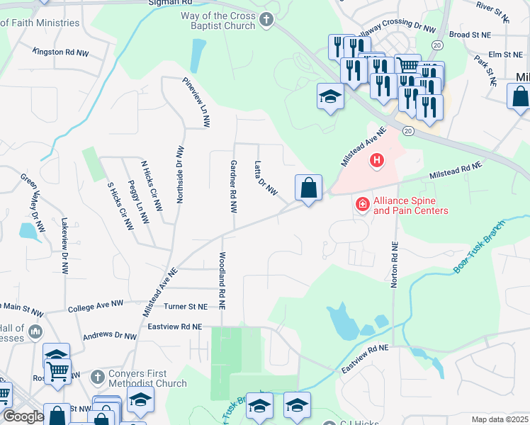 map of restaurants, bars, coffee shops, grocery stores, and more near 1320 Milstead Avenue Northeast in Conyers