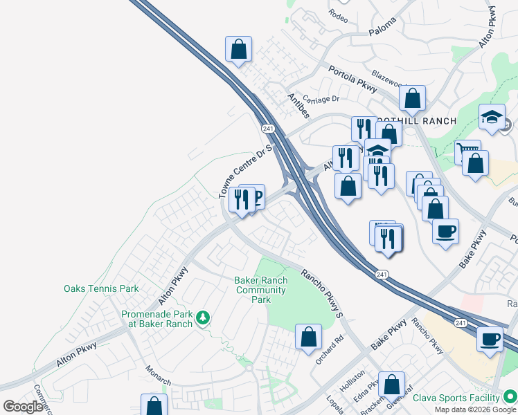 map of restaurants, bars, coffee shops, grocery stores, and more near 100 Sunflower in Lake Forest