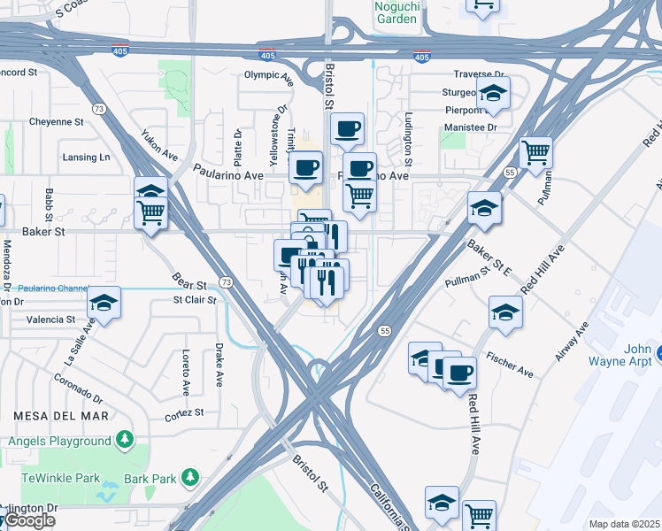 map of restaurants, bars, coffee shops, grocery stores, and more near 2064 Bristol Street in Costa Mesa
