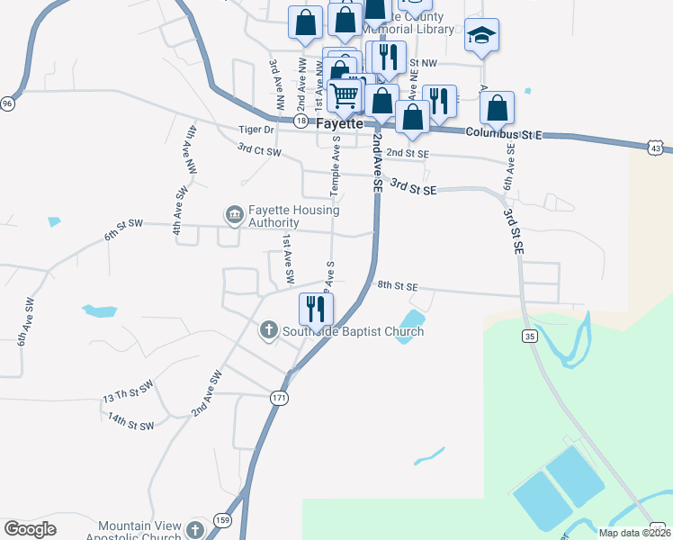 map of restaurants, bars, coffee shops, grocery stores, and more near 1000-1028 Temple Avenue South in Fayette
