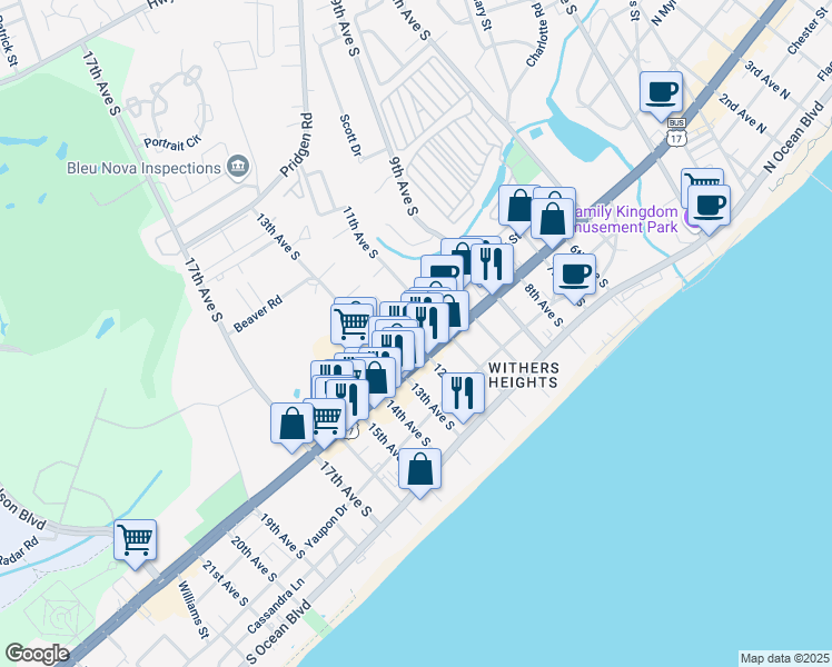 map of restaurants, bars, coffee shops, grocery stores, and more near 546 12th Avenue South in Myrtle Beach