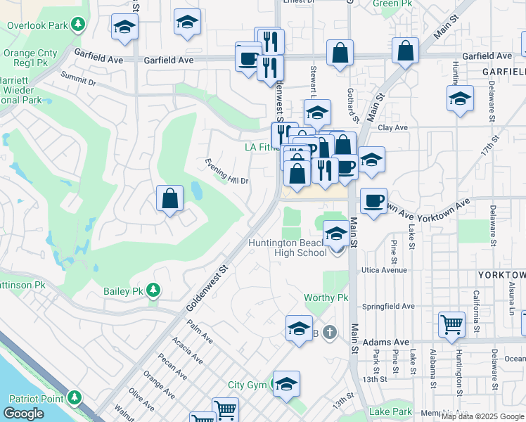 map of restaurants, bars, coffee shops, grocery stores, and more near 19532 Summer Breeze Lane in Huntington Beach