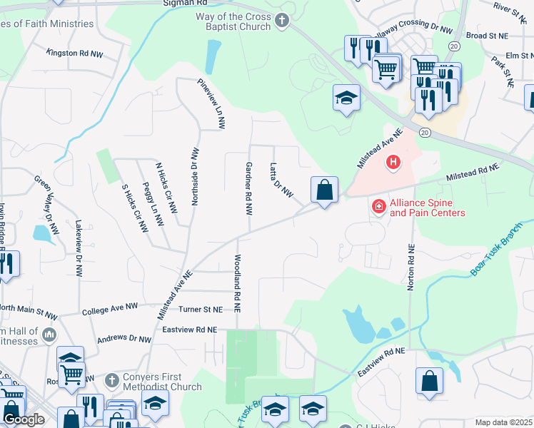 map of restaurants, bars, coffee shops, grocery stores, and more near 1312 Milstead Avenue in Conyers