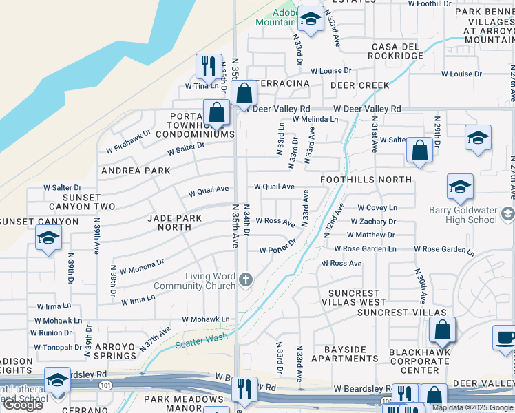 map of restaurants, bars, coffee shops, grocery stores, and more near 21215 North 34th Drive in Phoenix