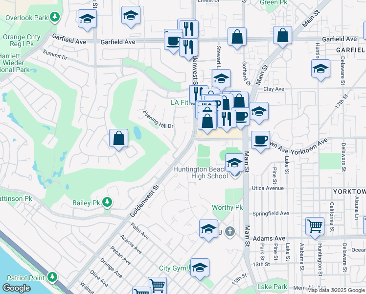 map of restaurants, bars, coffee shops, grocery stores, and more near 19532 Summer Breeze Lane in Huntington Beach