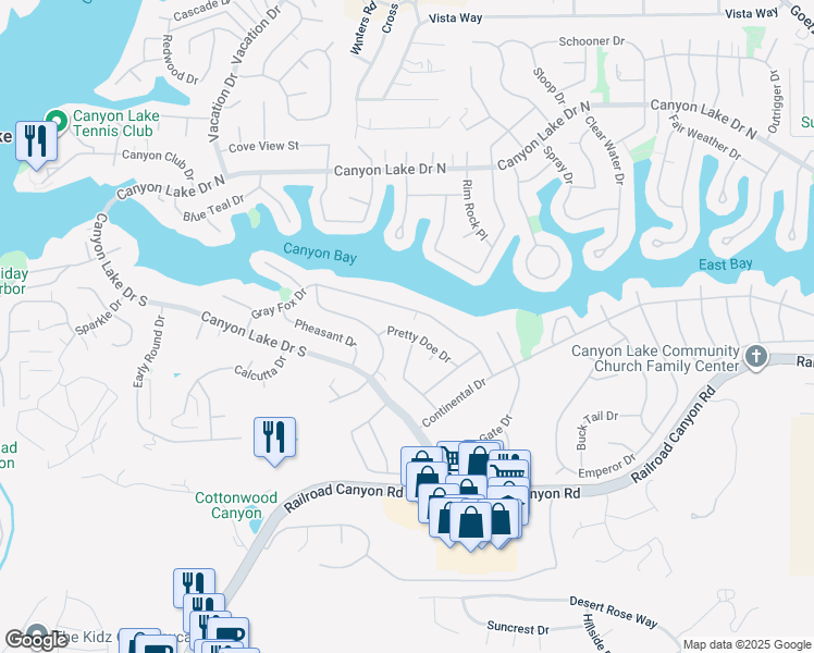 map of restaurants, bars, coffee shops, grocery stores, and more near 23186 Pretty Doe Drive in Canyon Lake