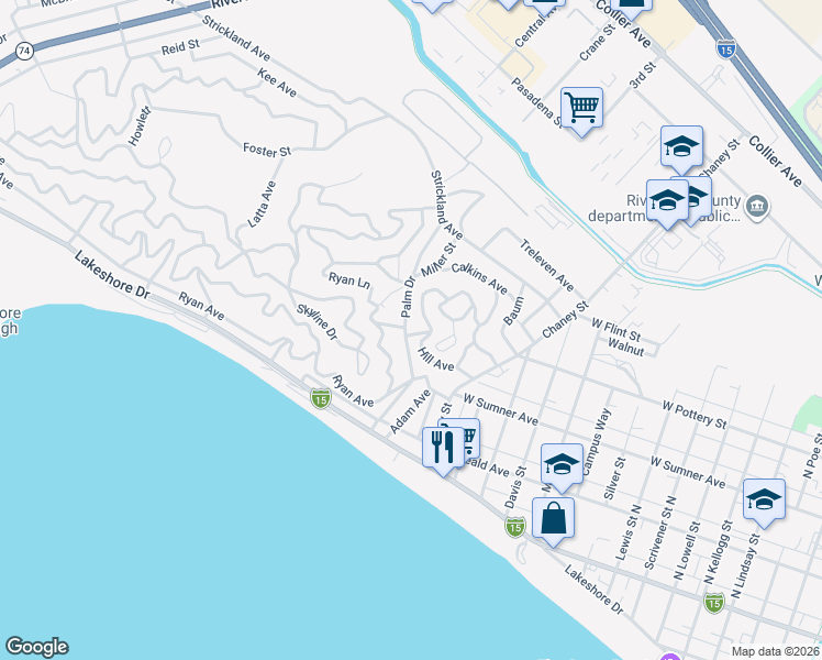 map of restaurants, bars, coffee shops, grocery stores, and more near Palm Drive in Lake Elsinore