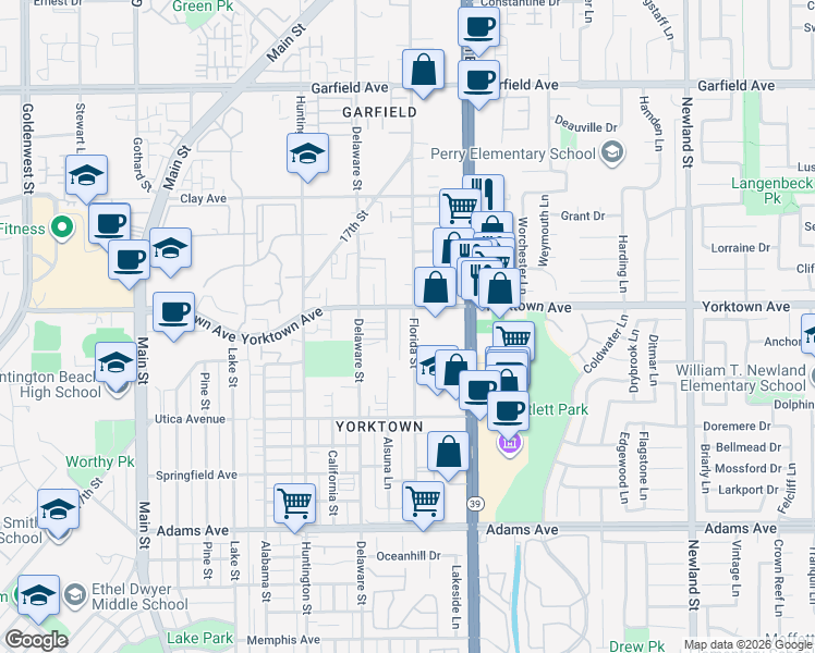 map of restaurants, bars, coffee shops, grocery stores, and more near 3 Yorktown Avenue in Huntington Beach