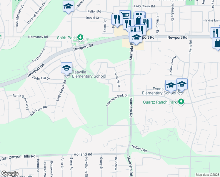map of restaurants, bars, coffee shops, grocery stores, and more near 25831 Wilderness Way in Menifee