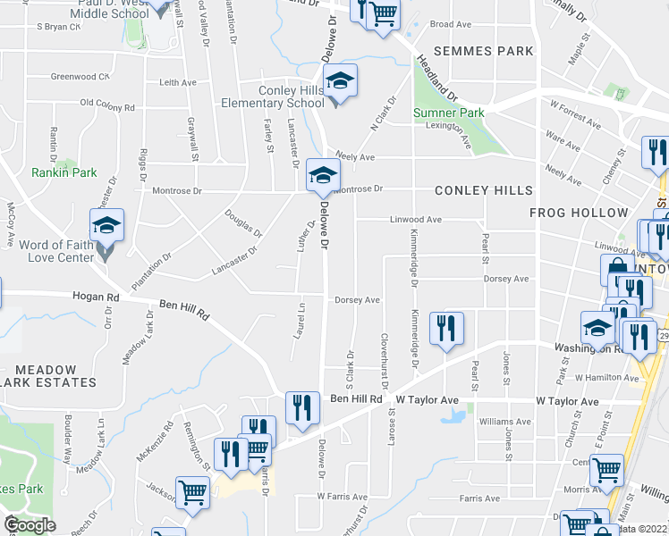 map of restaurants, bars, coffee shops, grocery stores, and more near 2812 Delowe Drive in East Point