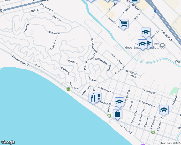 map of restaurants, bars, coffee shops, grocery stores, and more near Hill Avenue in Lake Elsinore