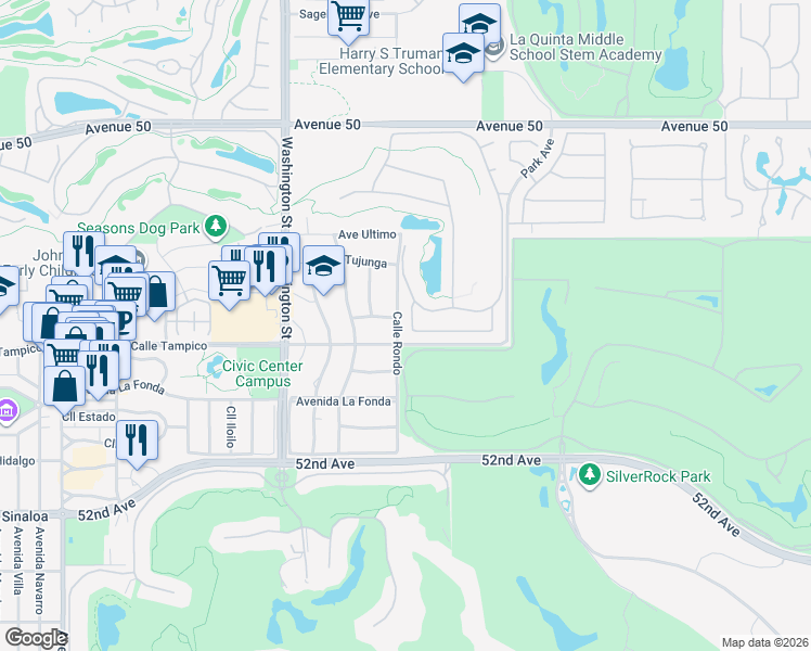 map of restaurants, bars, coffee shops, grocery stores, and more near 78831 Breckenridge Drive in La Quinta