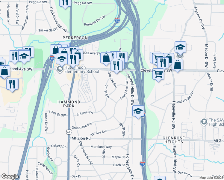 map of restaurants, bars, coffee shops, grocery stores, and more near 2767 3rd Avenue Southwest in Atlanta