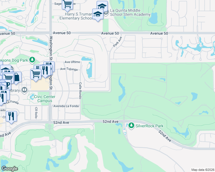 map of restaurants, bars, coffee shops, grocery stores, and more near 78975 Breckenridge Drive in La Quinta