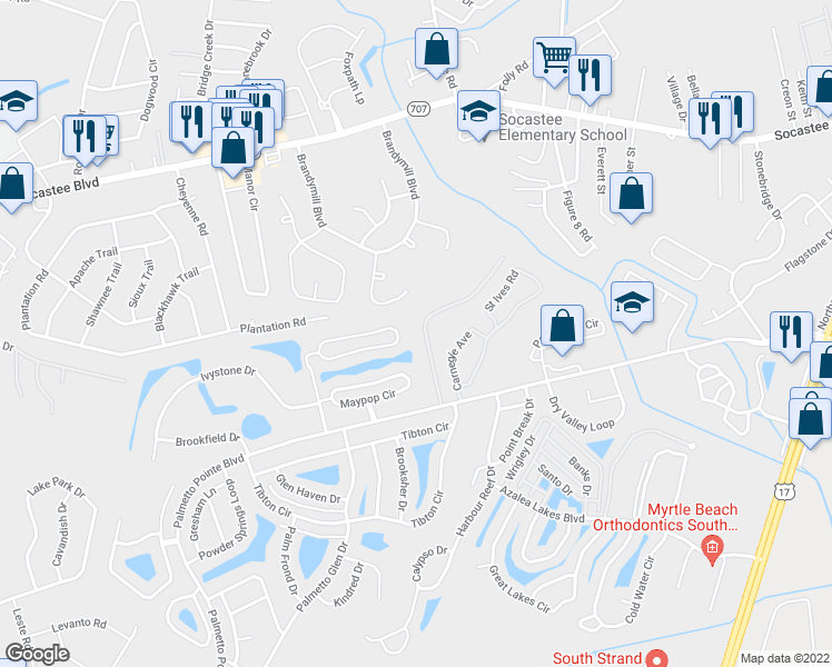 map of restaurants, bars, coffee shops, grocery stores, and more near 129 Olde Towne Way in Myrtle Beach