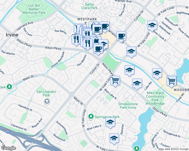 map of restaurants, bars, coffee shops, grocery stores, and more near 64 Woodleaf in Irvine
