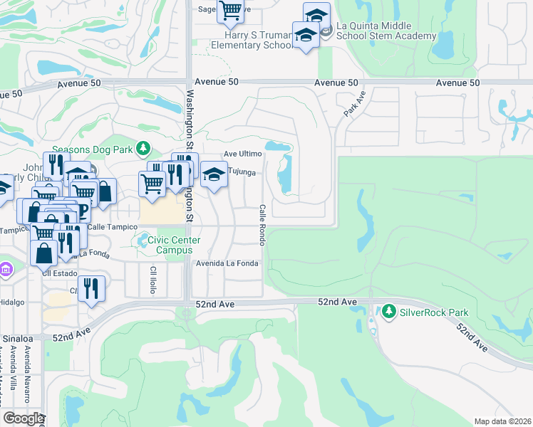 map of restaurants, bars, coffee shops, grocery stores, and more near 78831 Breckenridge Drive in La Quinta