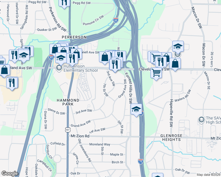 map of restaurants, bars, coffee shops, grocery stores, and more near 2803 3rd Avenue Southwest in Atlanta