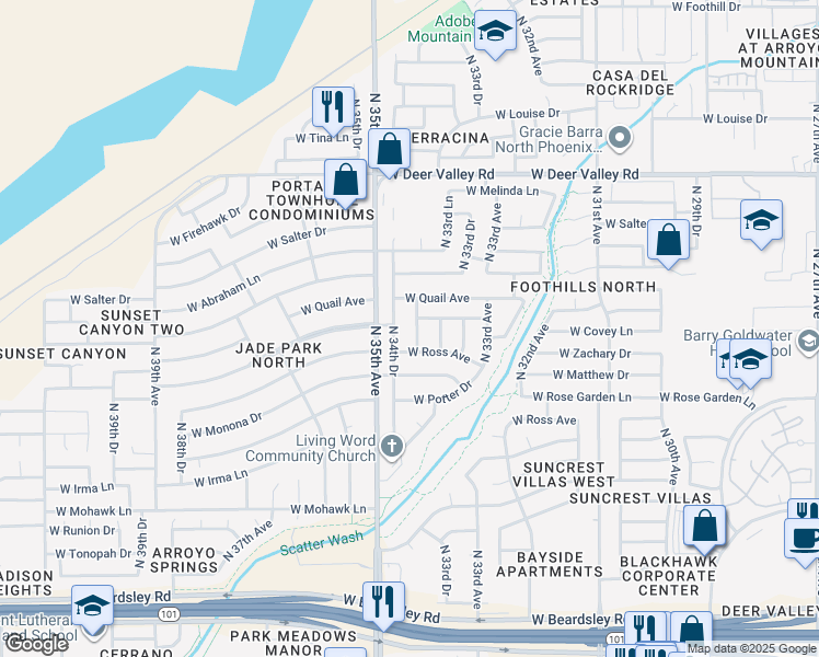 map of restaurants, bars, coffee shops, grocery stores, and more near 21215 North 34th Drive in Phoenix