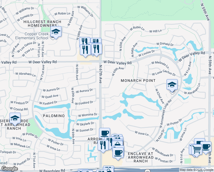 map of restaurants, bars, coffee shops, grocery stores, and more near 6551 West Lone Cactus Drive in Glendale