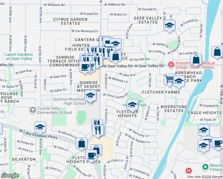 map of restaurants, bars, coffee shops, grocery stores, and more near 8218 West Salter Drive in Peoria