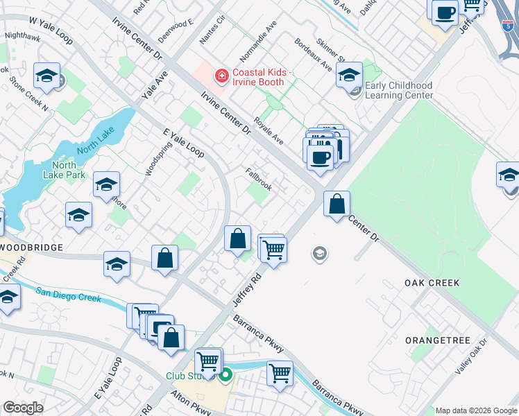map of restaurants, bars, coffee shops, grocery stores, and more near 75 Fallbrook in Irvine