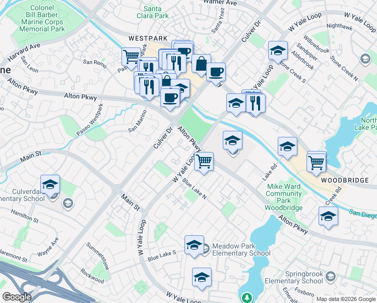 map of restaurants, bars, coffee shops, grocery stores, and more near 120 Greenfield in Irvine