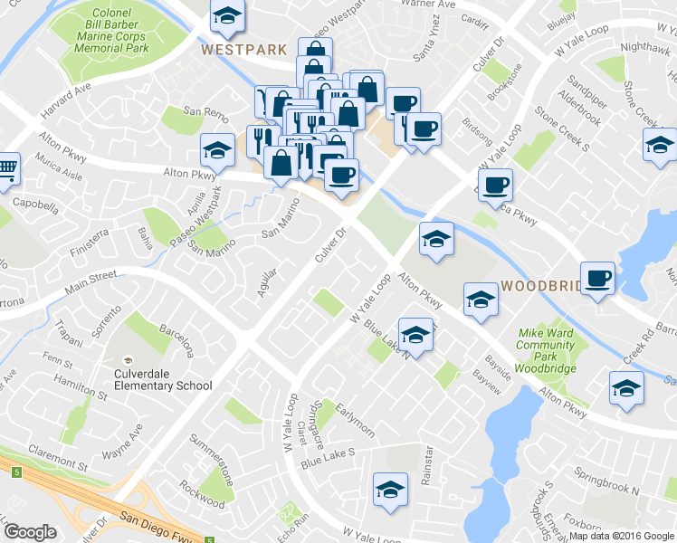 map of restaurants, bars, coffee shops, grocery stores, and more near 7 Woodleaf in Irvine