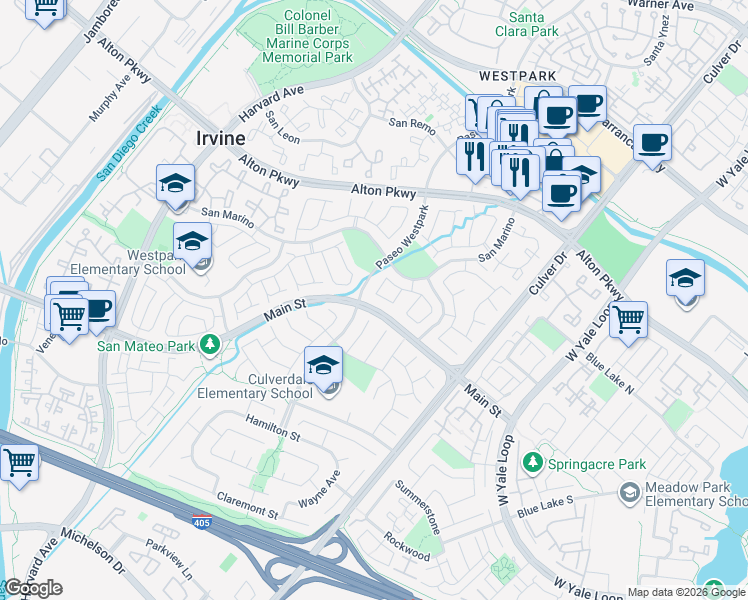 map of restaurants, bars, coffee shops, grocery stores, and more near 24 Bahia in Irvine