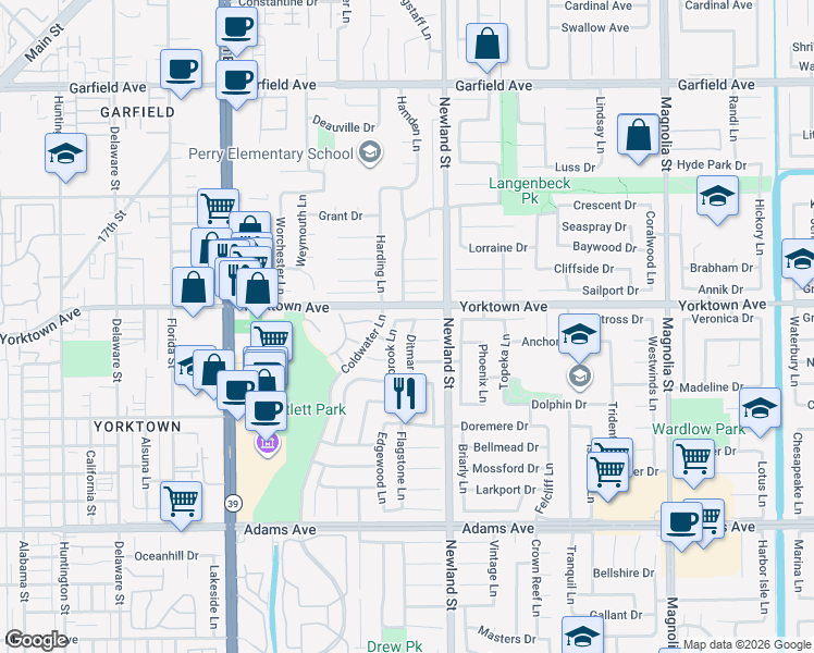 map of restaurants, bars, coffee shops, grocery stores, and more near 8421 Yorktown Avenue in Huntington Beach