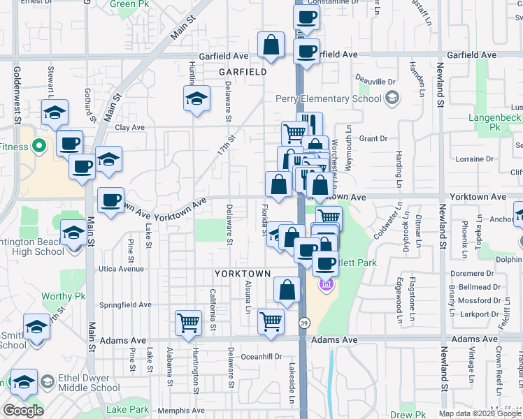 map of restaurants, bars, coffee shops, grocery stores, and more near 3 Yorktown Avenue in Huntington Beach