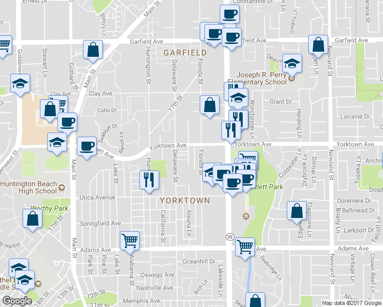 map of restaurants, bars, coffee shops, grocery stores, and more near 3 Yorktown Avenue in Huntington Beach