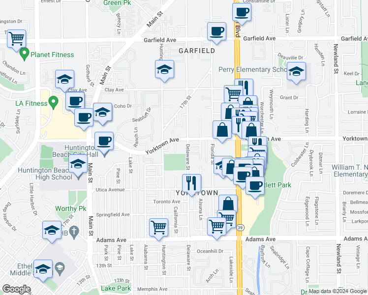 map of restaurants, bars, coffee shops, grocery stores, and more near in Huntington Beach