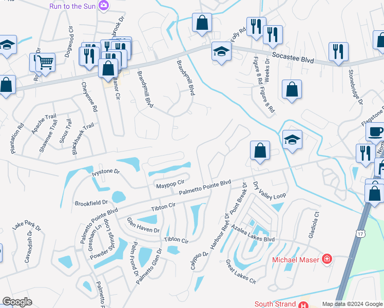 map of restaurants, bars, coffee shops, grocery stores, and more near 129 Olde Towne Way in Myrtle Beach