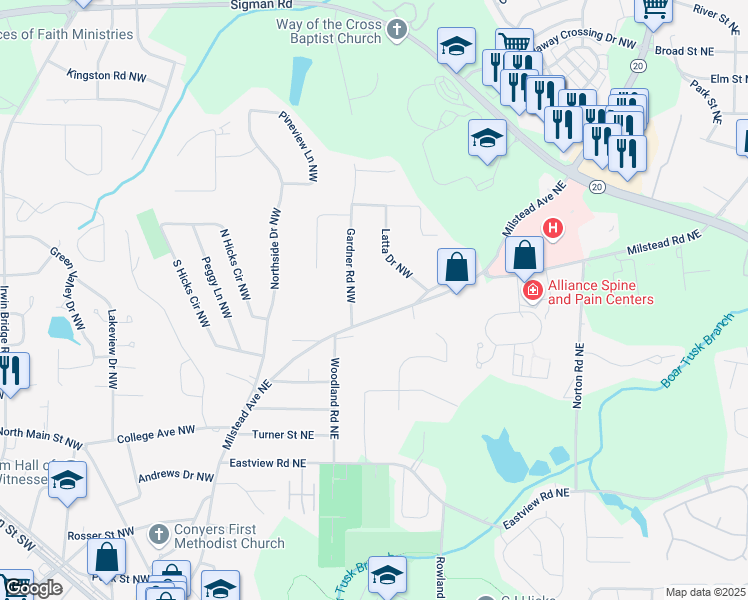 map of restaurants, bars, coffee shops, grocery stores, and more near 1312 Milstead Avenue in Conyers