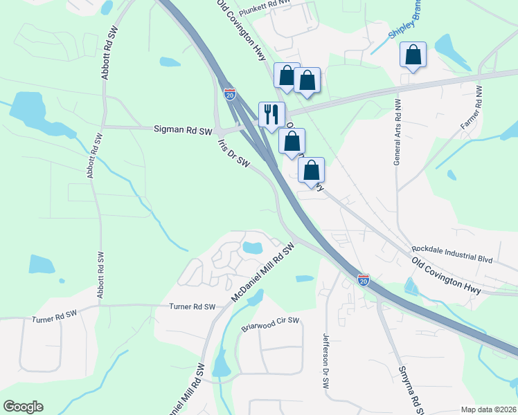 map of restaurants, bars, coffee shops, grocery stores, and more near 2294 Iris Drive Southwest in Conyers