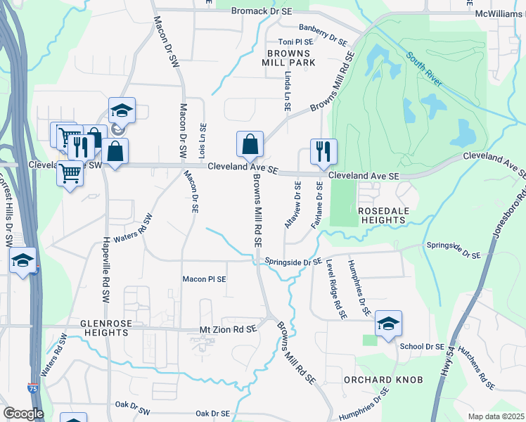 map of restaurants, bars, coffee shops, grocery stores, and more near 2788 Browns Mill Road Southeast in Atlanta