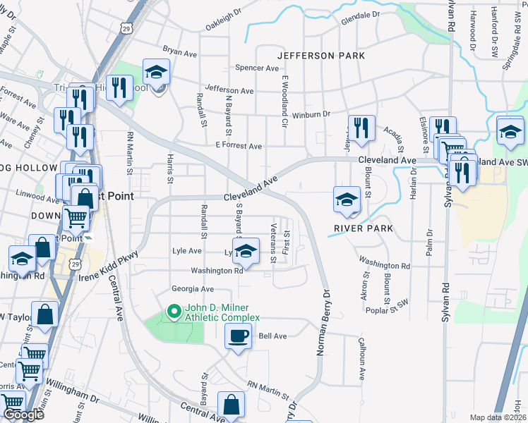 map of restaurants, bars, coffee shops, grocery stores, and more near 1270 East Cleveland Avenue in East Point