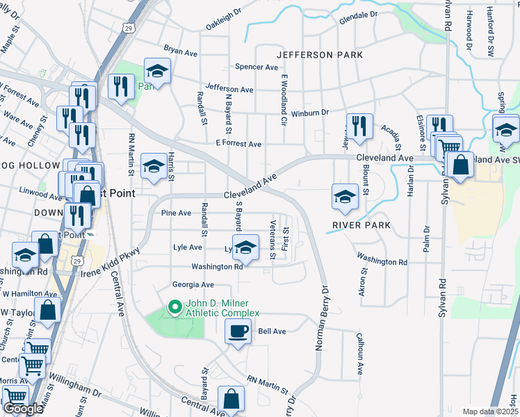 map of restaurants, bars, coffee shops, grocery stores, and more near 1270 East Cleveland Avenue in East Point