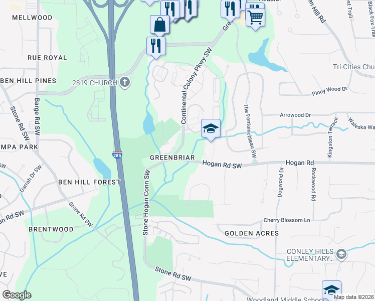map of restaurants, bars, coffee shops, grocery stores, and more near 3304-3844 Continental Colony Pkwy SW in Atlanta