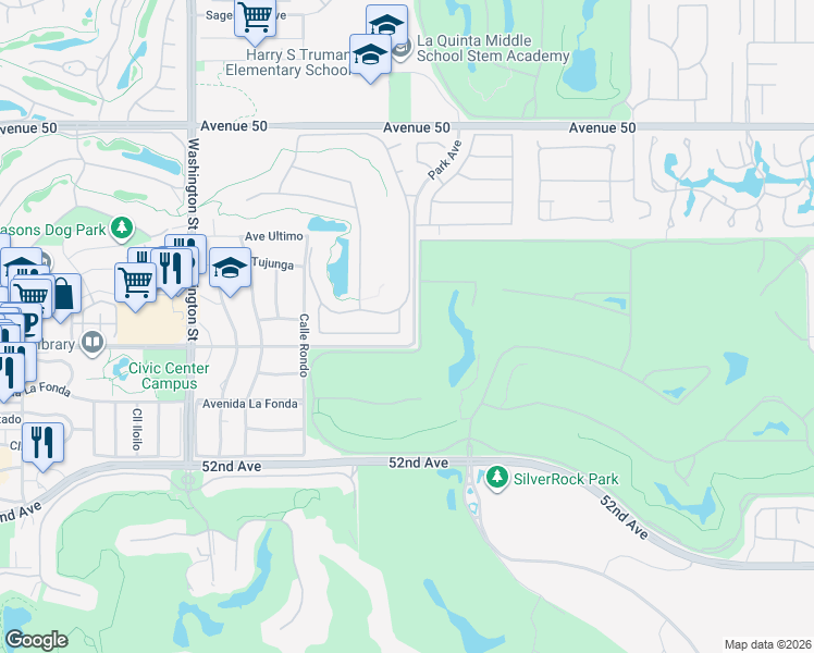 map of restaurants, bars, coffee shops, grocery stores, and more near 78975 Breckenridge Drive in La Quinta