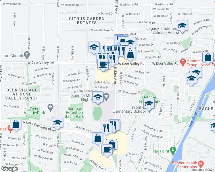 map of restaurants, bars, coffee shops, grocery stores, and more near 8372 West Salter Drive in Peoria