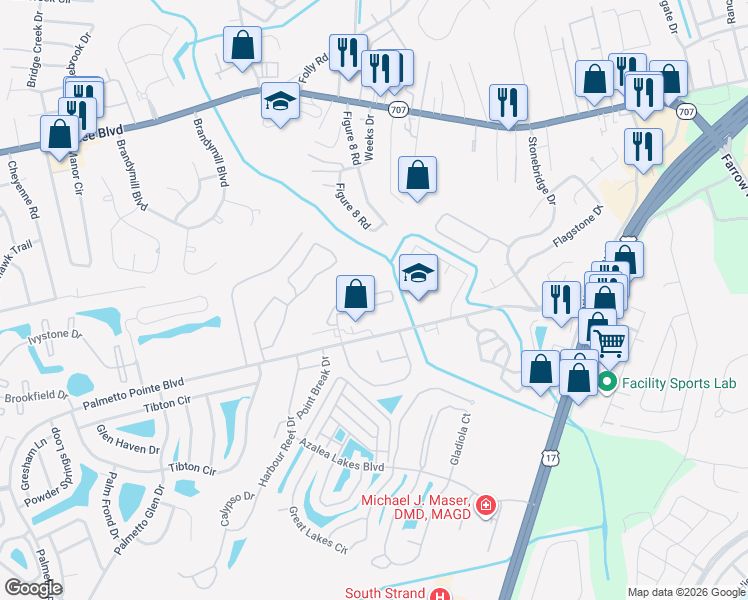 map of restaurants, bars, coffee shops, grocery stores, and more near 151 Palm Cove Circle in Myrtle Beach