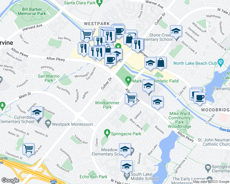 map of restaurants, bars, coffee shops, grocery stores, and more near 93 Greenfield in Irvine