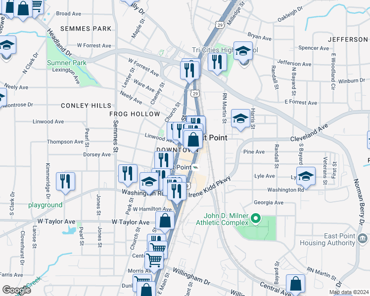 map of restaurants, bars, coffee shops, grocery stores, and more near 1596 Cleveland Avenue in East Point