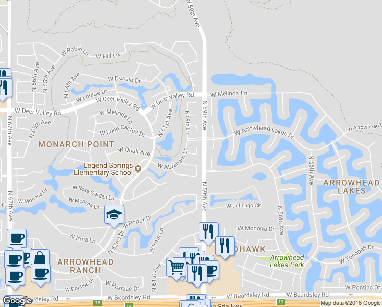 map of restaurants, bars, coffee shops, grocery stores, and more near 5965 West Blue Sky Drive in Glendale